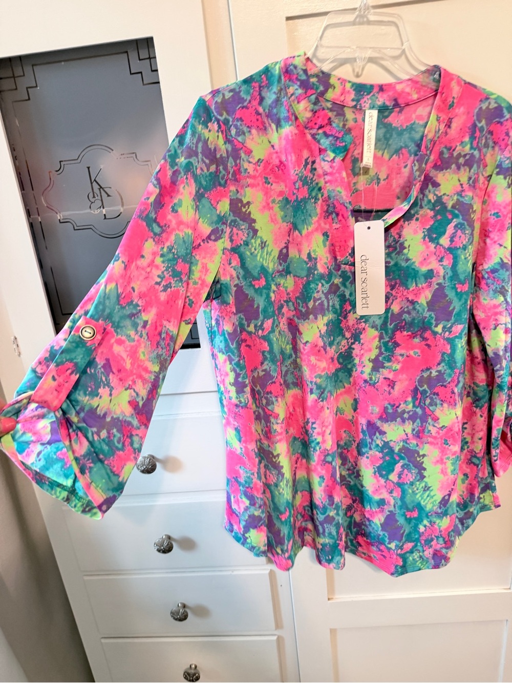 Dear Scarlett Bright Pink & Teal Floral Watercolor Blouse
